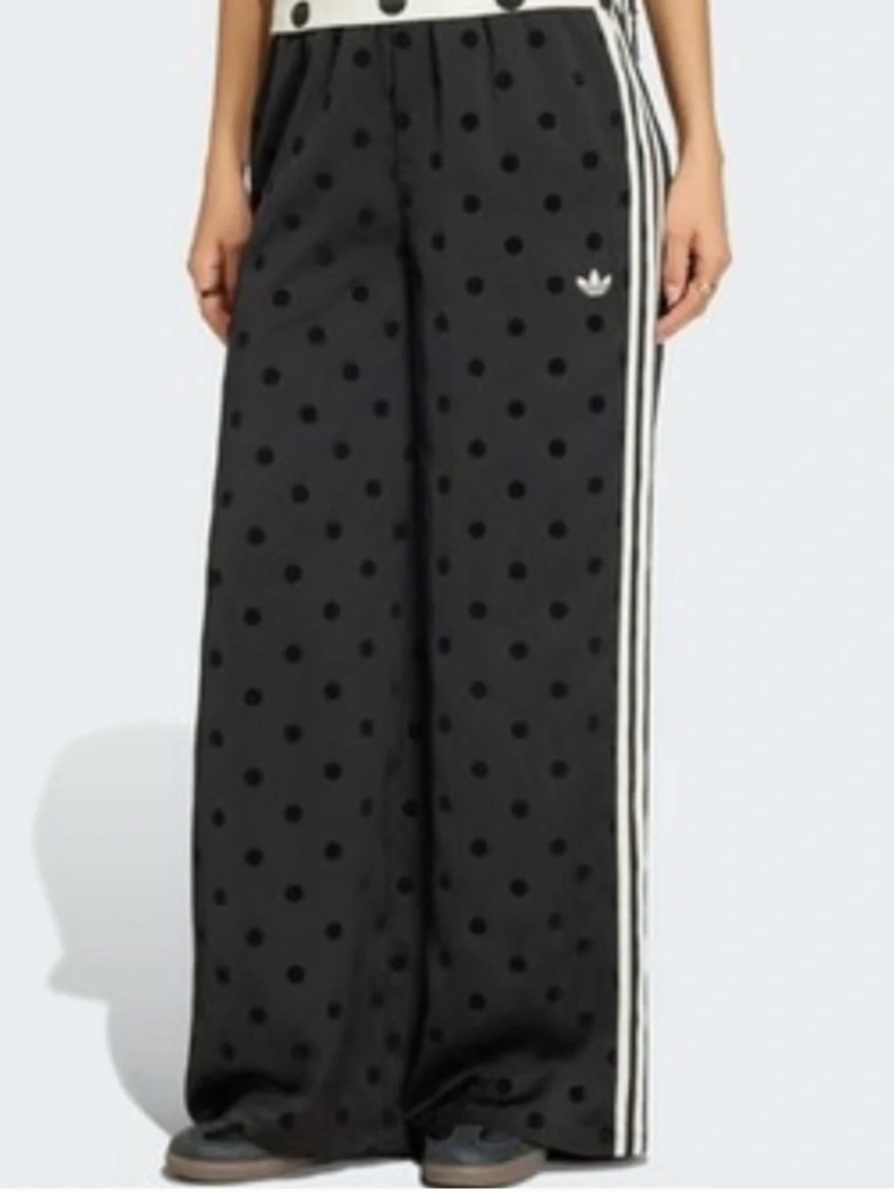 Adidas Cream Wide-Leg Polka Dot Track Pants with Black Stripes - Picture 1 of 4
